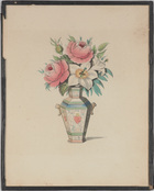 Watercolour of decorative vase with green bud, two pink roses and two white lilies plus foliage