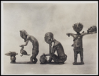 3 figurines: 1 holding a bird, 1 seated holding his head and 1 standing holding a human head
