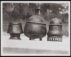 3 lidded metal vases
