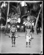 Two men wearing jewellery and elaborate feather headdresses (clan badges ?), one with a pierced nose,  standing holding drums in front of coconut palms (see also RAI No. 33441-7)