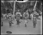 Four young men wearing jewellery and elaborate feather headdresses (clan badges), standing holding drums (see also RAI No. 33440-6) Dauncey's hat in foreground ?