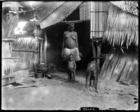 Woman (with shaved head - widow ?) standing with small boy in entrance to small hut with a pig