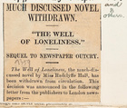 Much Discussed Novel Withdrawn: The Well of Loneliness - Sequel To Newspaper Outcry