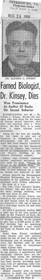 Famed Biologist, Dr. Kinsey, Dies: Won Prominence As Author Of Books On Sexual Behavior