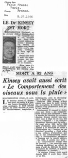 Le Dr. Kinsey est Mort / Mort A 62 Ans: Kinsey Avait Aussi Ecrit ʺLe Comportement des Oiseaux Sous la Pluieʺ