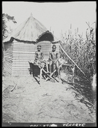 two men sitting on platform outside small thatched hut (possibly a granary ?) by field of millet/sorghum (?)