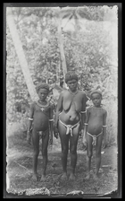 A woman and two young sisters standing next to each other, full face; at Golasha Island, Rubiana Lagoon, New Georgia Island.