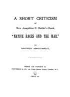 A Short Criticism of Mrs. Josephine E. Butler's Book, 