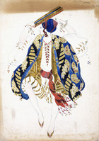 Costume design for a male dancer in 'Danse Juive', wearing knickerbockers and a turban, playing a tambourine, (pencil and gouache on paper)