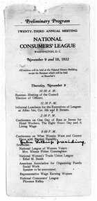 Preliminary Program, Twenty-Third Annual Meeting, National Consumers' League, Washington, D.C., November 9 and 10, 1922