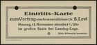Entrance Ticket to Lecture by Dr. S. Levi, circa 1911