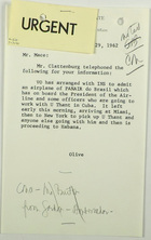 Memo from Olive to Mr. Mace re: Admittance of PANAIR Airplane with the President of the Airline and Officers Going to Work with U Thant in Cuba, October 29, 1962