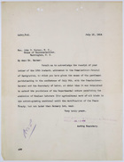 Memo from John W. Abercrombie to John N. Garner re: Acknowledging Receipt of Letter; Extension of Provisions Permitting Admittance of Mexican Laborers, July 12, 1919