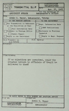 Transmittal Slip from Department of State to American Embassy in Tehran re: Attn. Ambassador Meyer, April 06, 1967