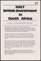 Anti-Apartheid Movement flyer, re: Halt British Investment in South Africa: An Appeal to the British Labour Movement, undated
