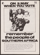 Anti-Apartheid Movement election flyer, re: On May 3, when you vote remember the people of Southern Africa, 1979