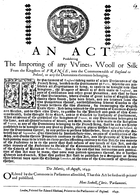 An Act Prohibiting the Importing of Any Wines, Wooll or Silk From the Kingdom of France, Into the Commonwealth of England or Ireland, or Any the Dominions Thereunto Belonging