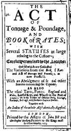 The act of tonnage & poundage and book of rates [microform] : with several statutes at large relating to the customs : carefully examined by the records out of which are collected the variations from the Book of rate and Act of tonnage and poundage as now practiced : with an abridgment of several othr statutes concerning the customs : as also the usual tares, ports of England and Wales, lawful keys and wharfs in the port of London ... togethr with an index of the whole alphabetically digested.