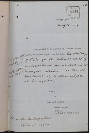 Correspondence re: Ill Treatment of British Subjects at Livingston, March 16-May 21, 1889 Correspondence re: Ill Treatment of British Subjects at Livingston, March 16-May 21, 1889