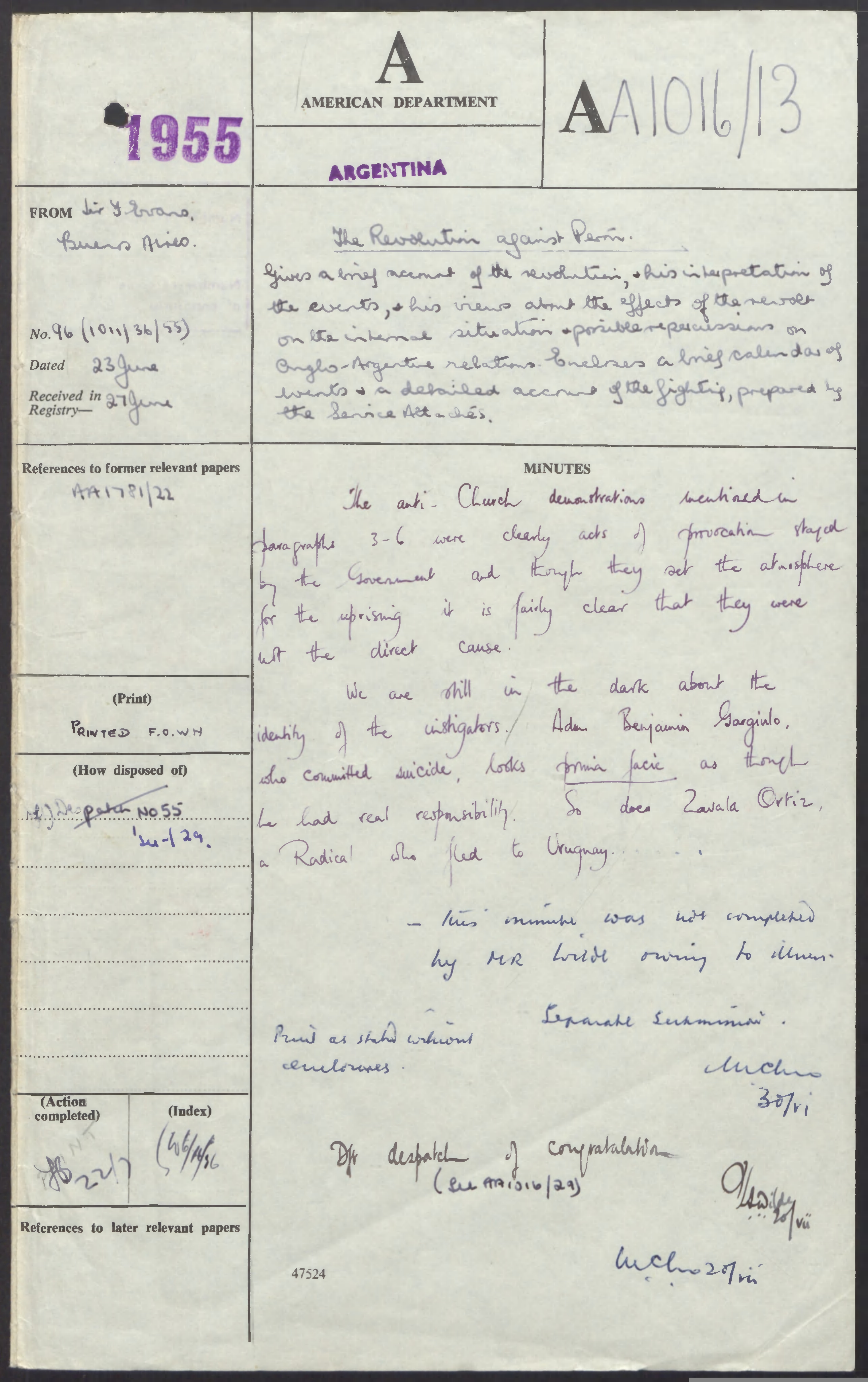 Letter From F E Evans To Right Honourable Anthony Eden With Enclosures Related Minutes And Response Re Failed Coup In Argentina June 1955 Alexander Street A Proquest Company