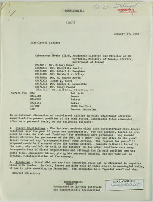 Memorandum of Conversation from Henry Precht re: Discussion of Arab-Israel Affairs with Moshe Bitan and State Department Officers, January 17, 1968 Memorandum of Conversation from Henry Precht re: Discussion of Arab-Israel Affairs with Moshe Bitan and State Department Officers, January 17, 1968