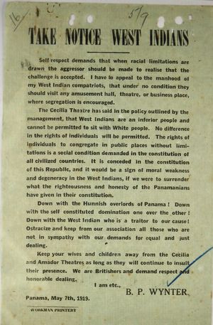Circular re: Take Notice West Indians about Cecilia Theatre Seating Policy for West Indians, signed by B. P. Wynter, May 7, 1919 Circular re: Take Notice West Indians about Cecilia Theatre Seating Policy for West Indians, signed by B. P. Wynter, May 7, 1919