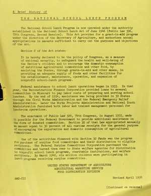 A Brief History of THE NATIONAL SCHOOL LUNCH PROGRAM A Brief History of THE NATIONAL SCHOOL LUNCH PROGRAM