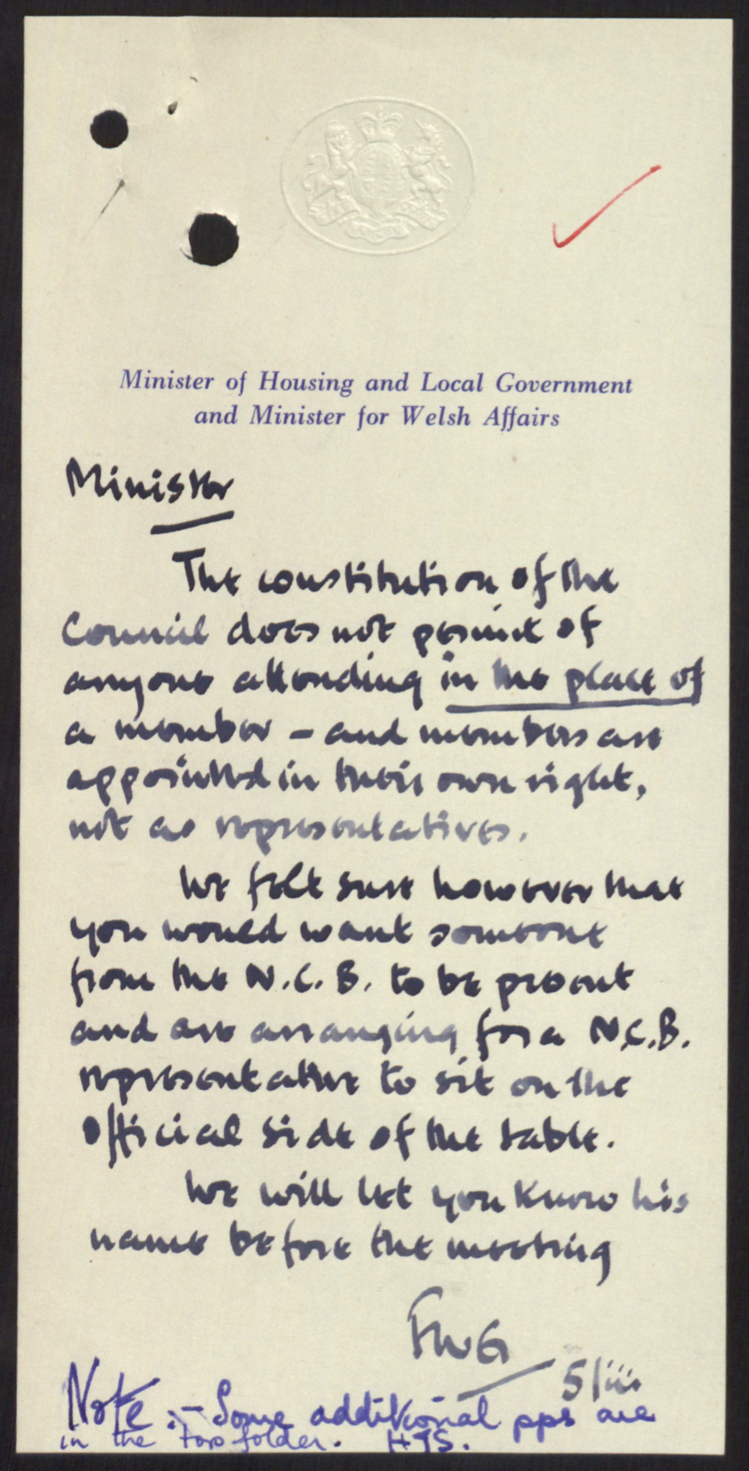 Note From Minister Of Housing And Local Government And Minister For Welsh Affairs Re Member Of N C B To Attend Meeting Alexander Street A Proquest Company