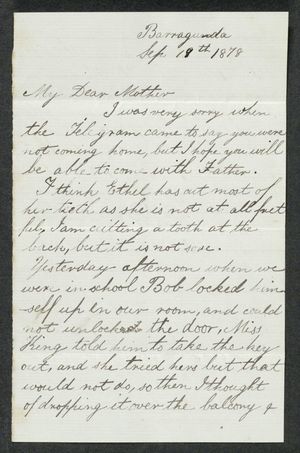Letter from Edith Anderson to My Dear Mother, September 19, 1878 Letter from Edith Anderson to My Dear Mother, September 19, 1878