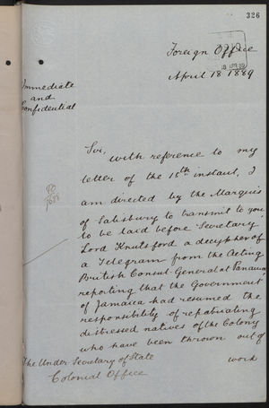 Letter from T. H. Sanderson to Under Secretary of State, Colonial Office, re: Gov't of Jamaica Resumes Repatriation, with Telegram from Consul Mallet, April 18, 1889 Letter from T. H. Sanderson to Under Secretary of State, Colonial Office, re: Gov't of Jamaica Resumes Repatriation, with Telegram from Consul Mallet, April 18, 1889