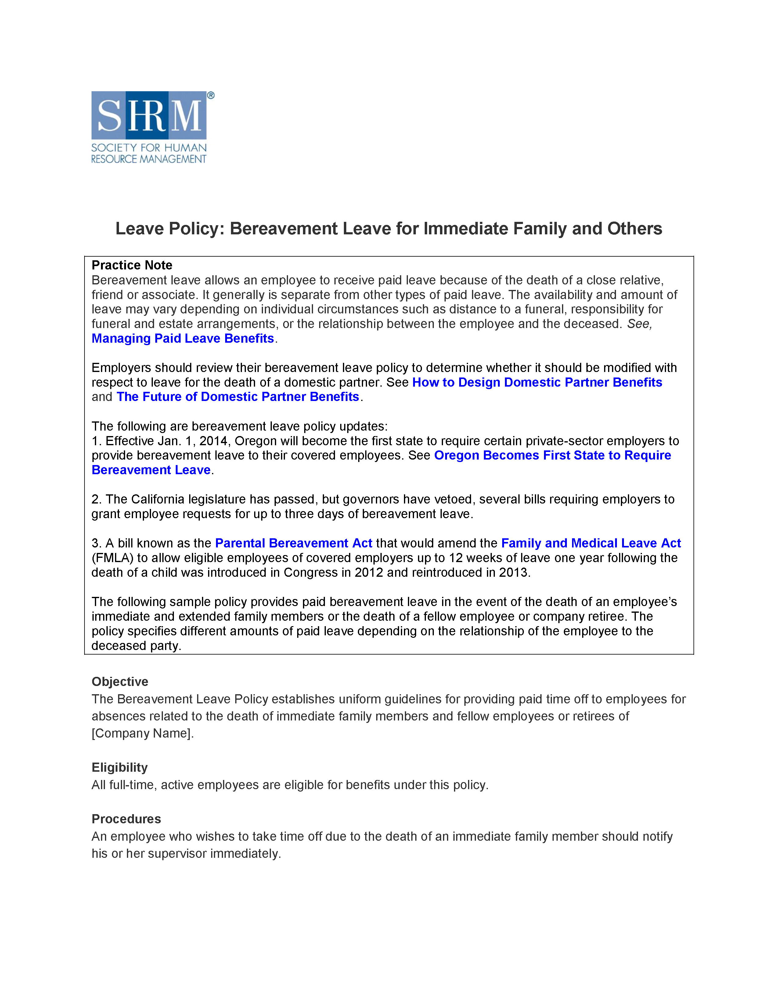 Leave Policy Bereavement Leave For Immediate Family And Others Alexander Street A Proquest Company