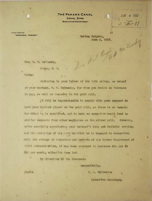 Letter from C. A. McIlvaine to Mrs. W. W. McGeachy re: Increase in Husband's Salary, June 5, 1917 Letter from C. A. McIlvaine to Mrs. W. W. McGeachy re: Increase in Husband's Salary, June 5, 1917