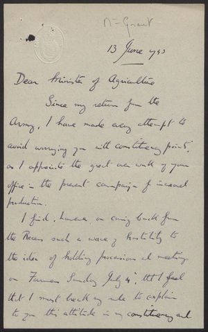 Handwritten Letter from Robin H. Turton to the Minister of Agriculture re: Farm Sunday, June 13, 1943 Handwritten Letter from Robin H. Turton to the Minister of Agriculture re: Farm Sunday, June 13, 1943