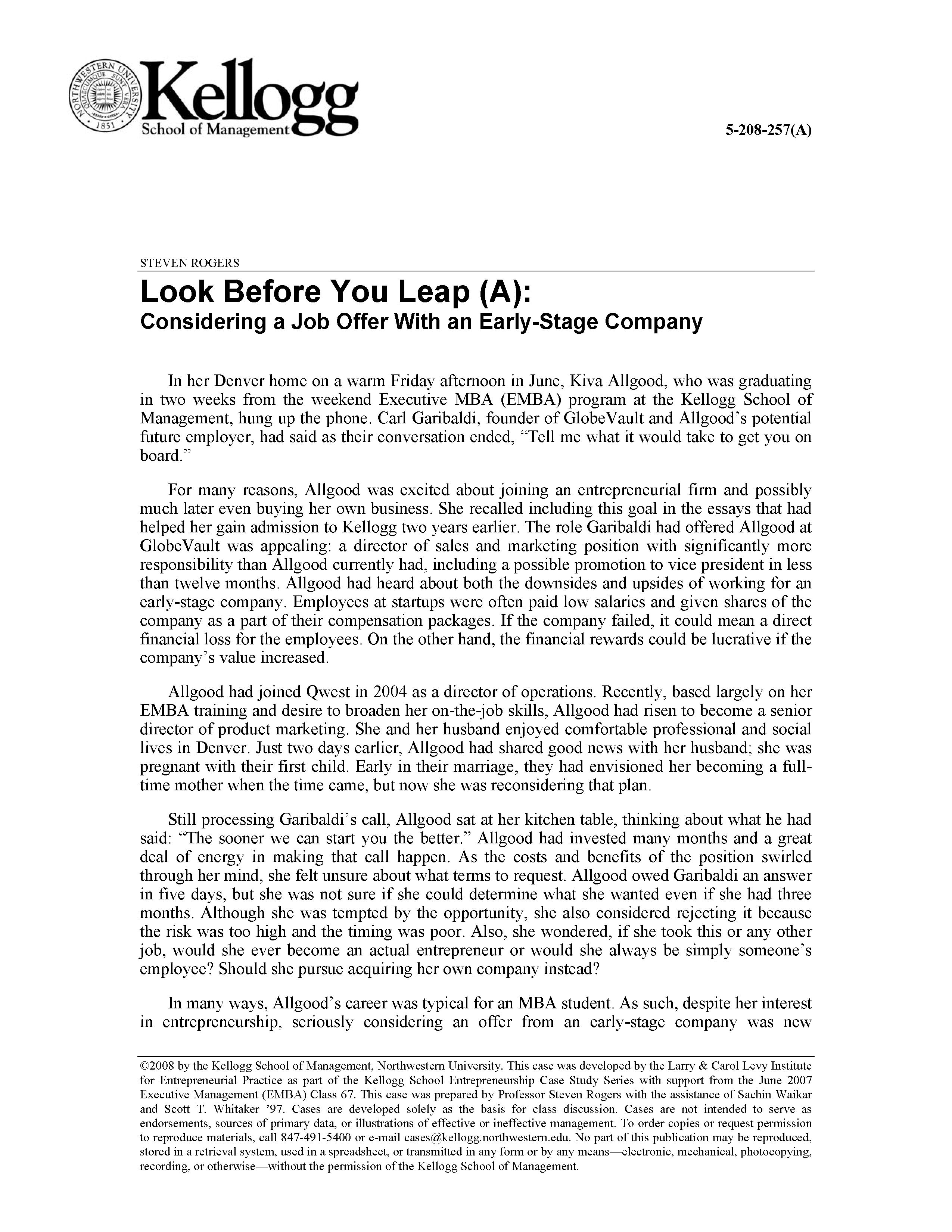 Look Before You Leap A Considering A Job Offer With An Early Stage Company Alexander Street A Proquest Company