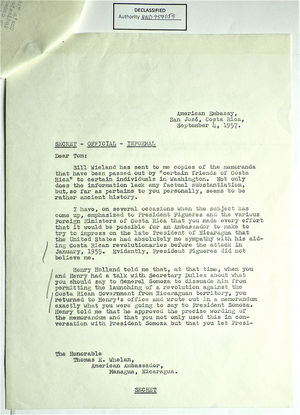 Letter From Robert F Woodward To Ambassador Whelan Re Memo Shown To President Somoza September 4 1957 Alexander Street A Proquest Company