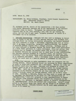 Memorandum of Conversation between Nahum Goldmann, Lucius Battle, and Henry Precht re: Political Scene in Israel, March 21, 1968 Memorandum of Conversation between Nahum Goldmann, Lucius Battle, and Henry Precht re: Political Scene in Israel, March 21, 1968