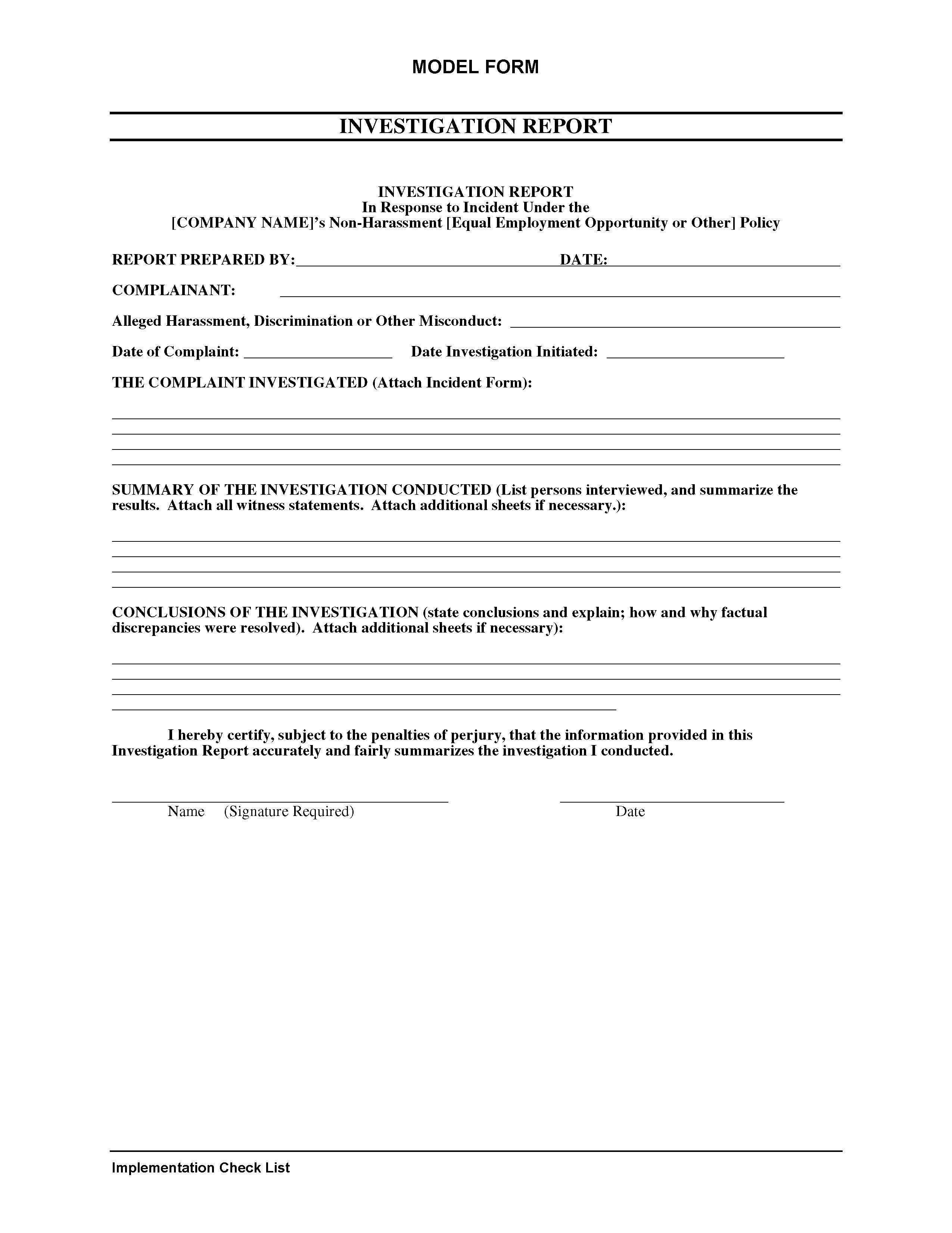 Model Form Investigation Report Non Harassment Alexander Street A Proquest Company