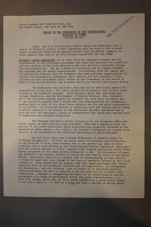 Report on the Conference of the International Alliance of Women, 31 October 1955, by Frieda S. Miller Report on the Conference of the International Alliance of Women, 31 October 1955, by Frieda S. Miller