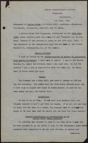 Paperwork Re Statement Of Molton Brown To Labour Commissioner S Office On Working Conditions July 1 1939 Alexander Street A Proquest Company
