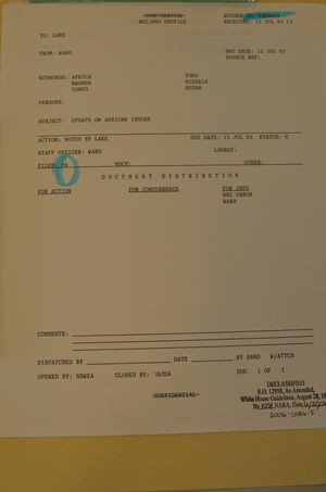 Document from Jennifer C. Ward to Anthony Lake re: Update on African Issues, July 12, 1993 Document from Jennifer C. Ward to Anthony Lake re: Update on African Issues, July 12, 1993