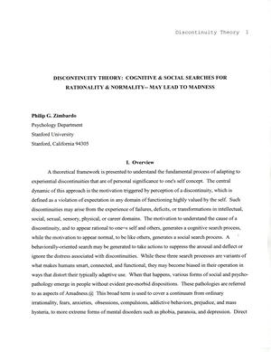 Discontinuity Theory: Cognitive & Social Searches for Rationality & Normality - May Lead to Madness Discontinuity Theory: Cognitive & Social Searches for Rationality & Normality - May Lead to Madness