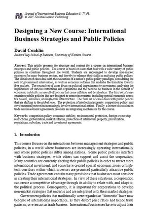 Designing a New Course: International Business Strategies and Public Policies Designing a New Course: International Business Strategies and Public Policies