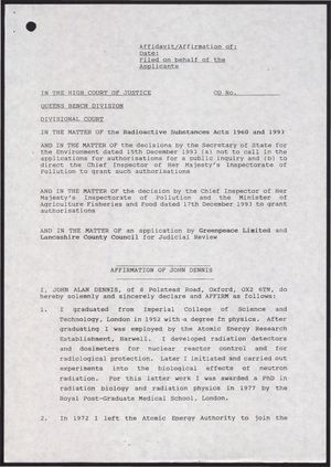 Affirmation of John Dennis in the Court of High Justice, Queens Bench Division, re: Radioactive Substances Acts of 1960 and 1993, 1993 Affirmation of John Dennis in the Court of High Justice, Queens Bench Division, re: Radioactive Substances Acts of 1960 and 1993, 1993