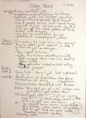 Manuscript Notes and Lyrics for the Acto <i>Johnny Bravo</i> by Teatro Desengano del Pueblo Manuscript Notes and Lyrics for the Acto <i>Johnny Bravo</i> by Teatro Desengano del Pueblo