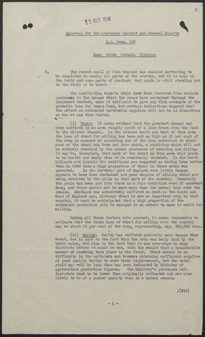 R.S. Memo No. 108 from L.W. Crawford to Mr. E.G. Harwood re: Material for the September Cabinet & General Reports - Home Grown Cereals Division, October 9, 1946 R.S. Memo No. 108 from L.W. Crawford to Mr. E.G. Harwood re: Material for the September Cabinet & General Reports - Home Grown Cereals Division, October 9, 1946