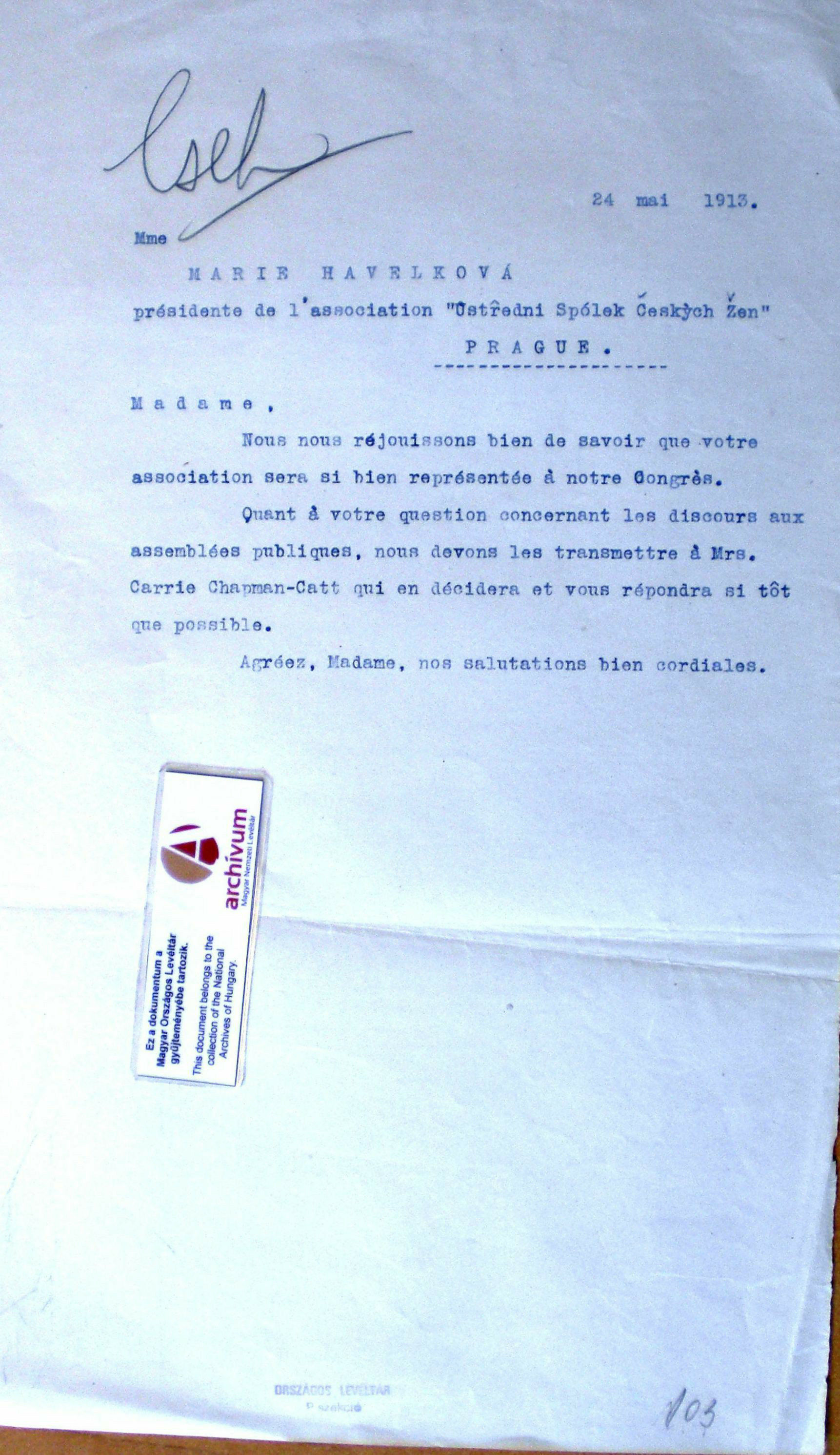 Feministak Egyesulet To Marie Havelkova Budapest 24 May 1913 Alexander Street A Proquest Company