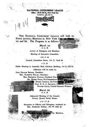 Announcement, National Consumers' League Fifth Annual Meeting, March 1904 Announcement, National Consumers' League Fifth Annual Meeting, March 1904