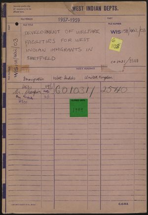 File Folder: Development of Welfare Facilities for West Indian Immigrants in Sheffield, 1957-1959 File Folder: Development of Welfare Facilities for West Indian Immigrants in Sheffield, 1957-1959