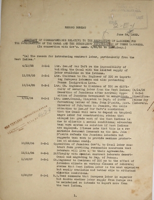 Abstract of Correspondence Relative to the Recruiting of Laborers for the Construction of the Canal and the Subsequent Repatriation of These Laborers Abstract of Correspondence Relative to the Recruiting of Laborers for the Construction of the Canal and the Subsequent Repatriation of These Laborers
