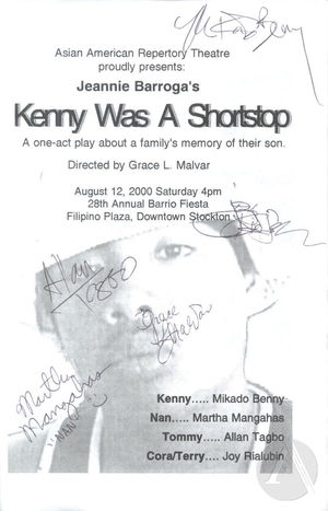 Program for Kenny Was A Shortstop by Jeannie Barroga, produced by the Asian American Repertory Theatre. Program for Kenny Was A Shortstop by Jeannie Barroga, produced by the Asian American Repertory Theatre.